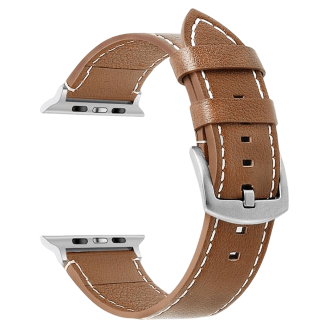 Brun kalveskindsrem med kontrastsyninger til Apple Watch