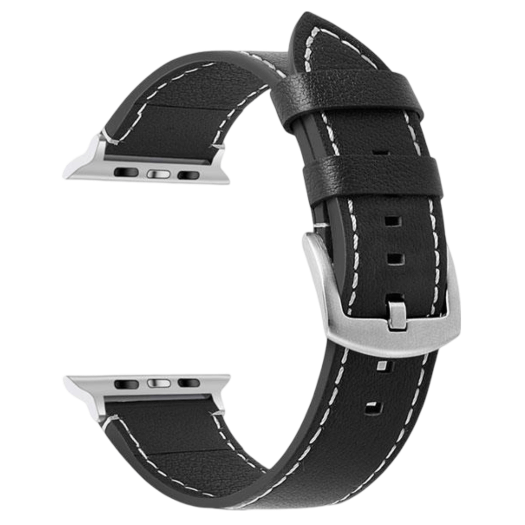 Sort kalveskindsrem med kontrastsyninger til Apple Watch