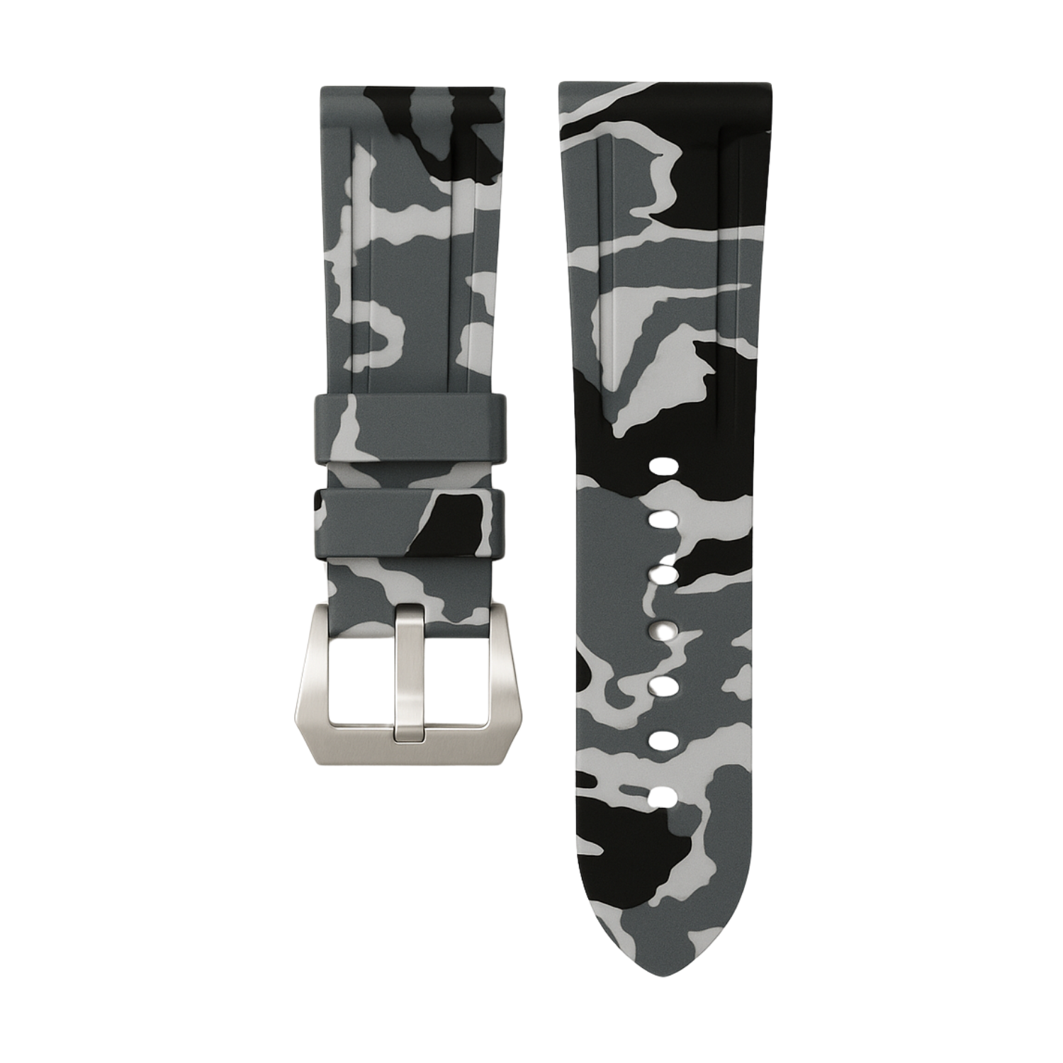 Horus 24mm gummirem - Grå camouflage med sølvspænde